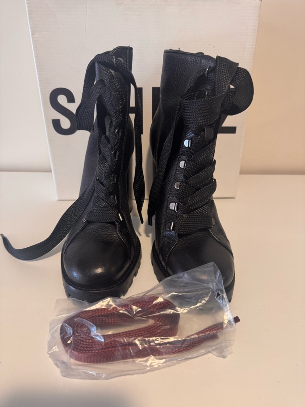 Schultz Black Leather Lace-Up Heeled Combat Boots